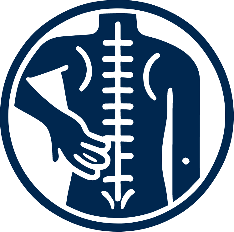 Pictogram van een rug met zichtbare wervelkolom in een cirkel en een hand die de onderrug aanraakt