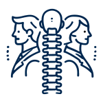 Lijnillustratie van een volledige wervelkolom met twee menselijke profielhoofden aan weerszijden als chiropractisch symbool