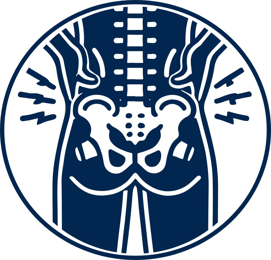 Pictogram van een menselijke wervelkolom en bekken met pijllijnen die pijn in de heup en rug symboliseren